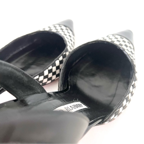 MANOLO BLAHNIK | Black White Cap Toe Woven Leather SlingBack Pointed Pumps - Picture 9 of 16
